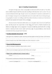 English Worksheet: Comprehension Quiz in English for intermediate students