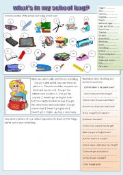 English Worksheet:  Whats in your school bag?