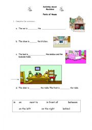 English Worksheet: Revisions (house, prepositions of place,  fruits and vegetables)