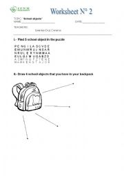 English worksheet: school objects