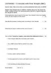 English Worksheet: BBC - listening - 5 minutes with Tinie Tempah