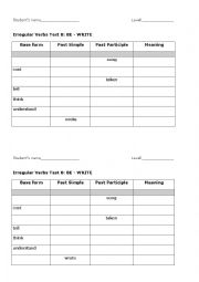 English worksheet: Irregular verbs test 7: BE - SWIM