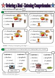 English Worksheet: Ordering a Meal - 2 Listening Comprehensions