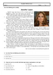 English Worksheet: Test 9th grade (Jennifer Lopez)