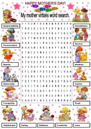 English Worksheet: MY MOTHER VIRTUES WORD SEARCH