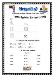 English Worksheet: numbers 10-60 -its easy!!!