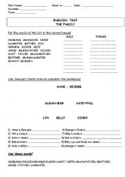 English worksheet: The Family written test