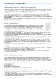 English Worksheet: Resume versus Curriculum Vitae