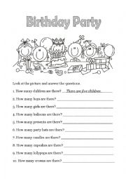 English Worksheet: birthday party (how many) + voc-related items