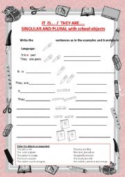 English Worksheet: it is- they are / singular and plural / school objects