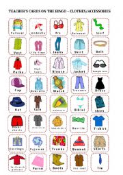 Bingo_clothes and accessories_Teacher´s cards - ESL worksheet by ...
