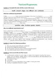 English Worksheet: Nutritional Requirements
