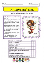 English Worksheet: a naughty girl reading with true or false