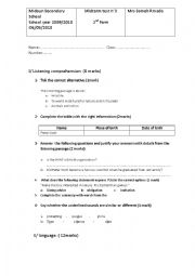 English Worksheet: test 3 for 2nd form Tunisian pupils