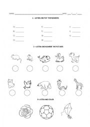 English Worksheet: Listening: numbers, animals and colors
