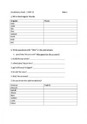 English worksheet: Irregular plurals and vocabularies