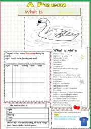 English Worksheet: Color and Senses - A Poem -  What is White by Mary ONeill
