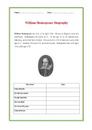 English Worksheet: Shakespeare biography
