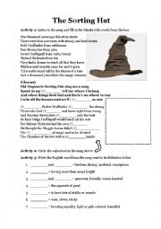 English Worksheet: The Sorting Hat (song, quiz, and adjectives)