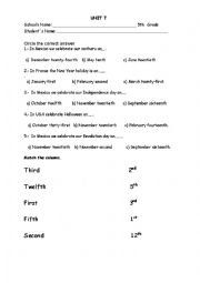 English Worksheet: Important Dates arround the world, and Ordinal Numbers