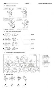 English Worksheet: school objects, colors and numbers