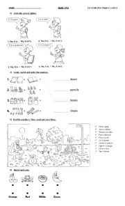 English Worksheet: school objects, colors and numbers