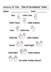 English Worksheet: No 106 TEN LITTLE INDIANS SONG