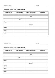 English worksheet: Irregular verbs test 7: BE - SWIM