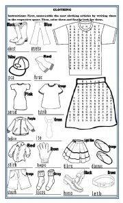 English Worksheet: Clothing, Coloring and Unscramble and Crossword Puzzle: 3 Activities in 1 Page