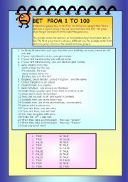 English Worksheet: Bet from 1 to 100