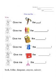 English worksheet: give me the ... classroom objects