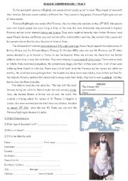 English Worksheet: Reading comprehension about Florence Nightingale (part 1)