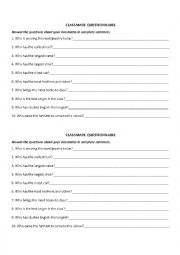 English worksheet: Classmate Questionaire