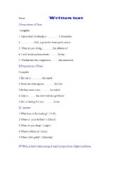 English worksheet: prepositions of place and time exam