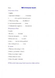 English Worksheet: prepositions of place and time exam