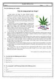 English Worksheet: Test 9th grade - Why do young people use drugs?