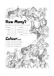 English Worksheet: Wild Animals Count & Colour