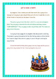 English Worksheet: LETS HAVE A PARTY (READING WORKSHEET FOR 