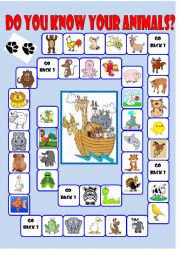 English Worksheet: Animal boardgame with answer key