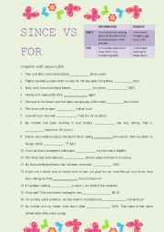 English Worksheet: Since vs For