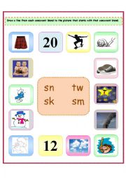 English Worksheet: 4 Consonant Blends: sn/sm/sk/tw