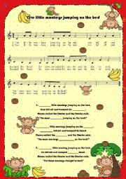 English Worksheet: Lyrics (fill in the blanks): Five little monkeys