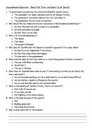 English Worksheet: Blood, Toil, Tears, and Sweat Comprehension Questions