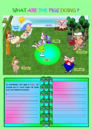 English Worksheet: Writing Time! What are the pigs doing? (part2)