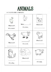 English Worksheet: farm animals colour and complete
