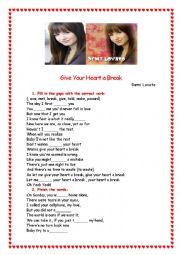 English Worksheet: GIVE YOUR HEART A BREAK - DEMI LOVATO