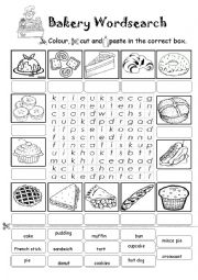 English Worksheet: Bakery Wordsearch (Colour, Cut and Paste Exercise)