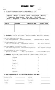 English Worksheet: Places of the school / school subjects / numbers review
