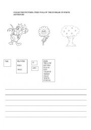 English worksheet: color the pictures. write.