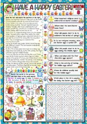 English Worksheet: HAVE A HAPPY EASTER- READING AND COMPREHENSION+ WORDSEARCH